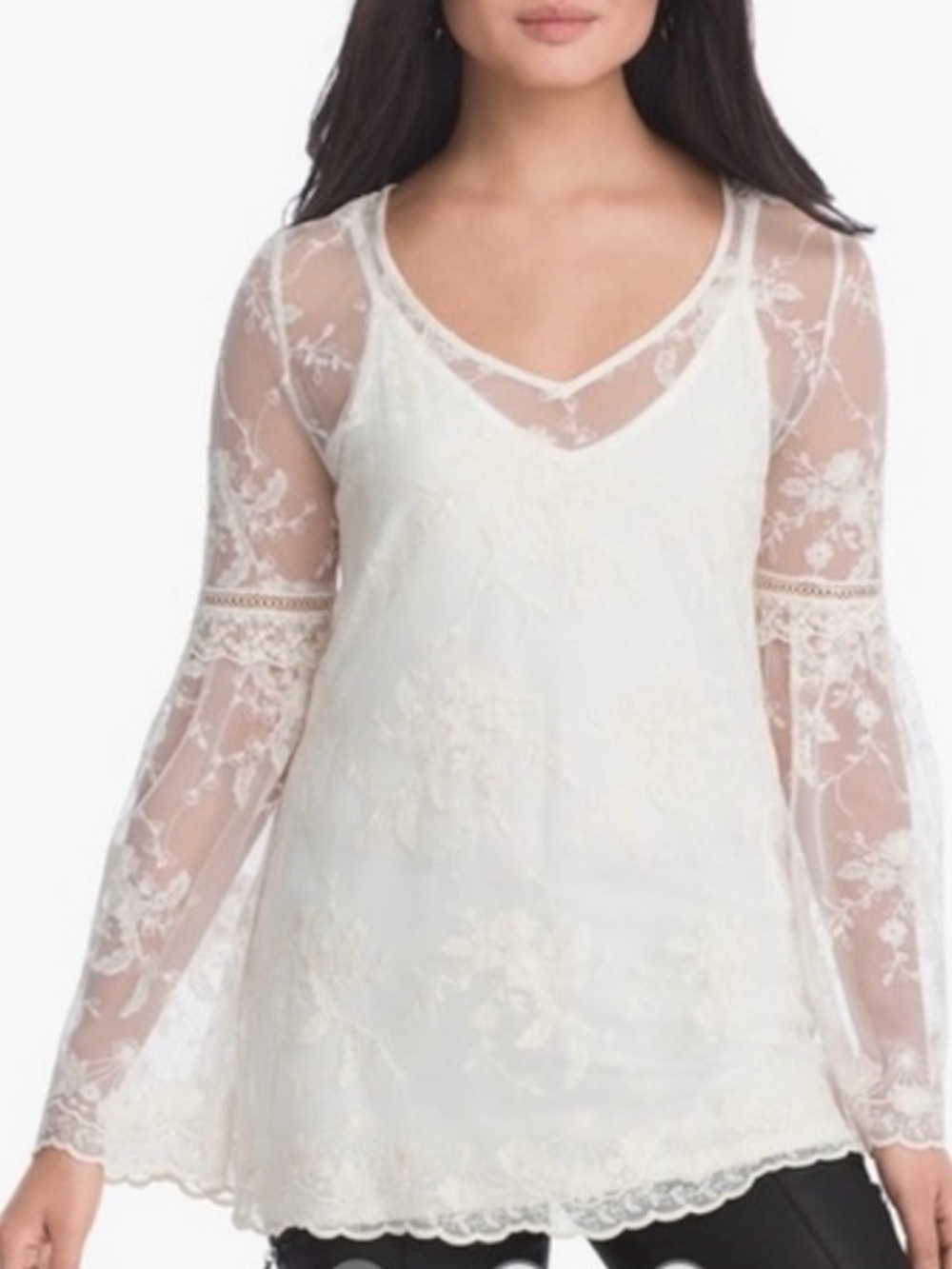 WHBM NEW Sheer Lace Mesh Embroidered Top and Matching Tank Ecru Womens MP Boho
